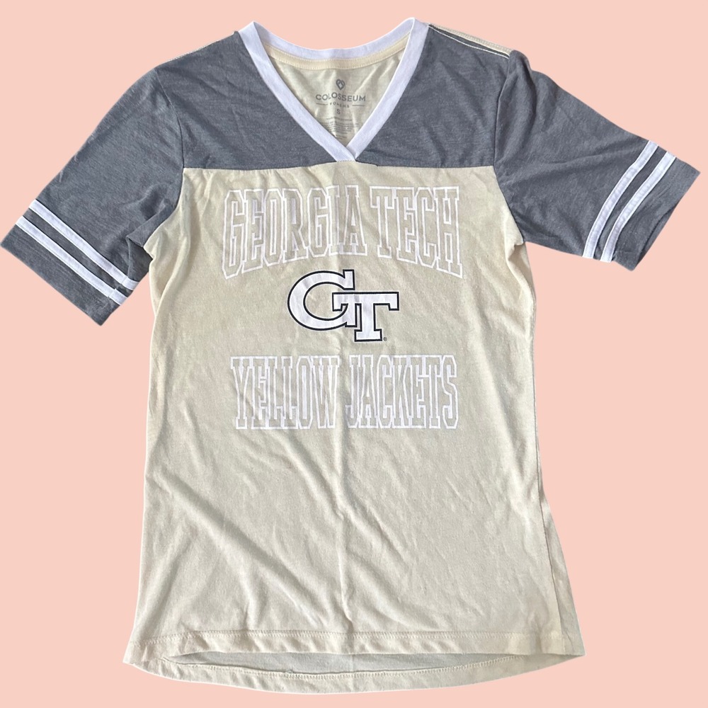 Colosseum Georgia Tech Yellow Jackets Womens S V-Neck T-Shirt Grey Cream Striped
